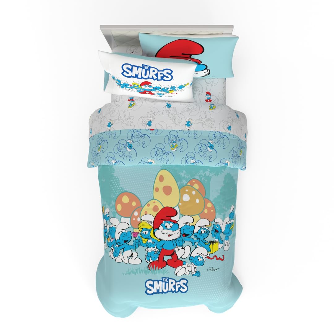 Franco The Smurfs Kids Bedding Super Soft Cozy Reversible Comforter And Sheet Set, 4 Piece Twin Size, (Officially Licensed Produ