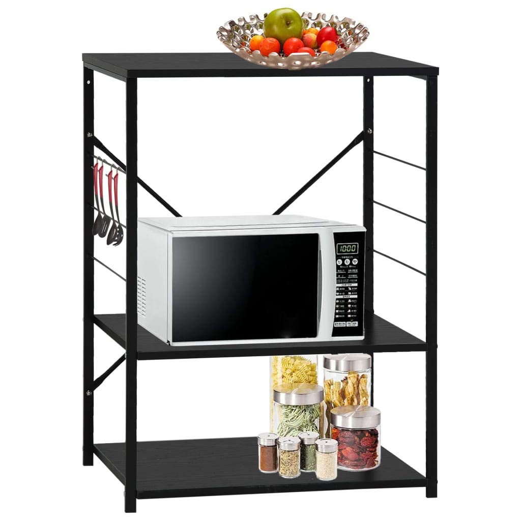 vidaXL 3-Tier Microwave Cabinet with Accessory Hooks - Black Engineered Wood and Powder-Coated Steel - Ideal for Kitchen and Living Room