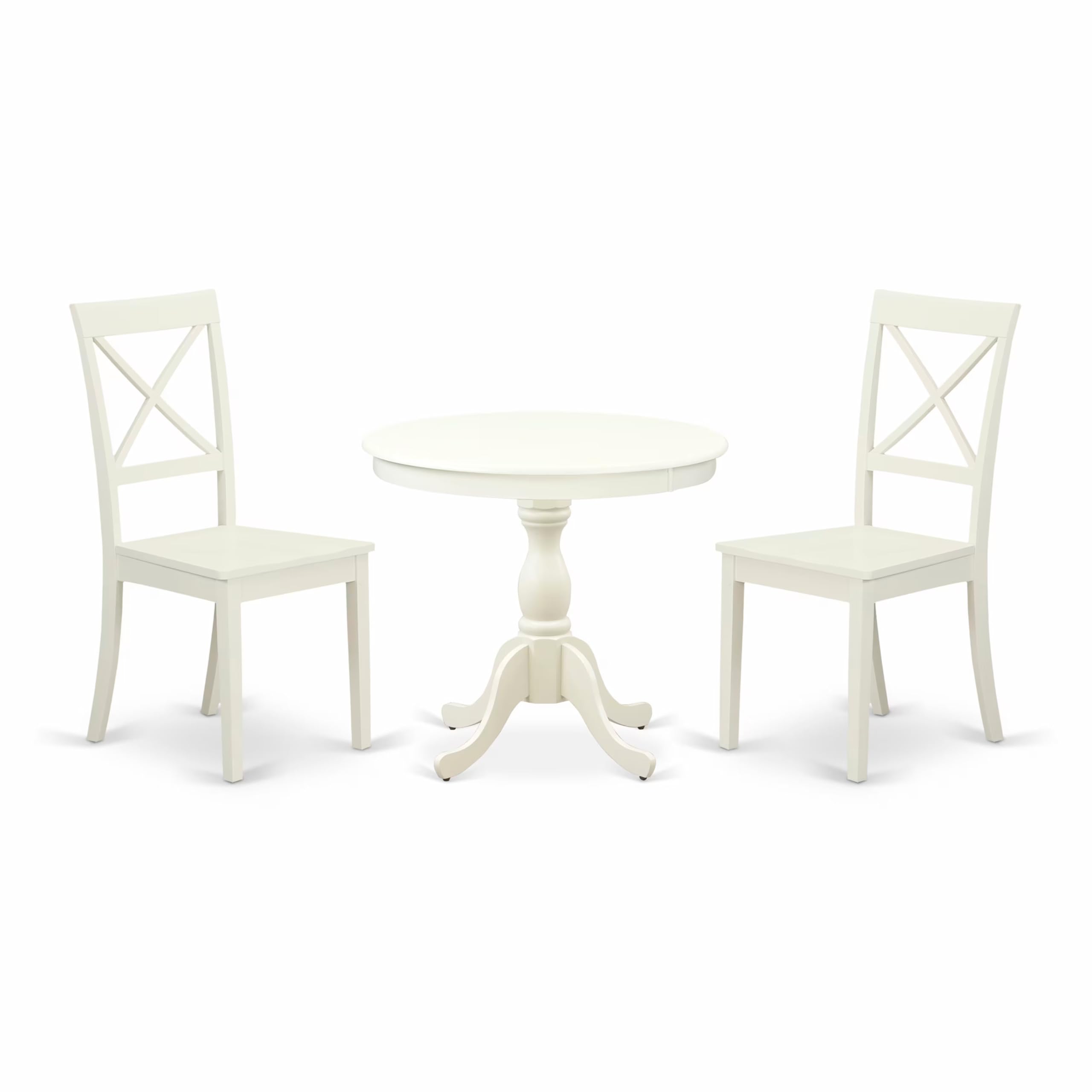 East West Furniture AMBO3-LWH-W 3 Piece Kitchen Table & Chairs Set Contains a Round Dining Room Table with Pedestal and 2 Solid Wood Seat Chairs, 36x36 Inch, Linen White