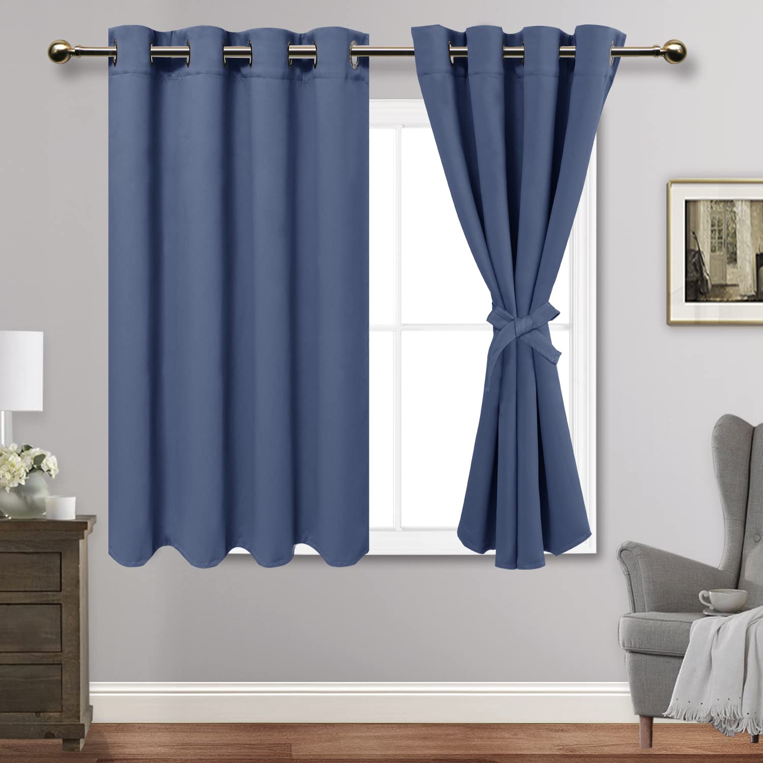 Jiuzhen Dusty Blue Blackout Curtains With Tiebacks,Thermal Insulated, Light Blocking And Noise Reducing Grommet Curtain For Bedroom And Living Room, Set Of 2 Window Curtain Panels, 52 X 54 Inch Length