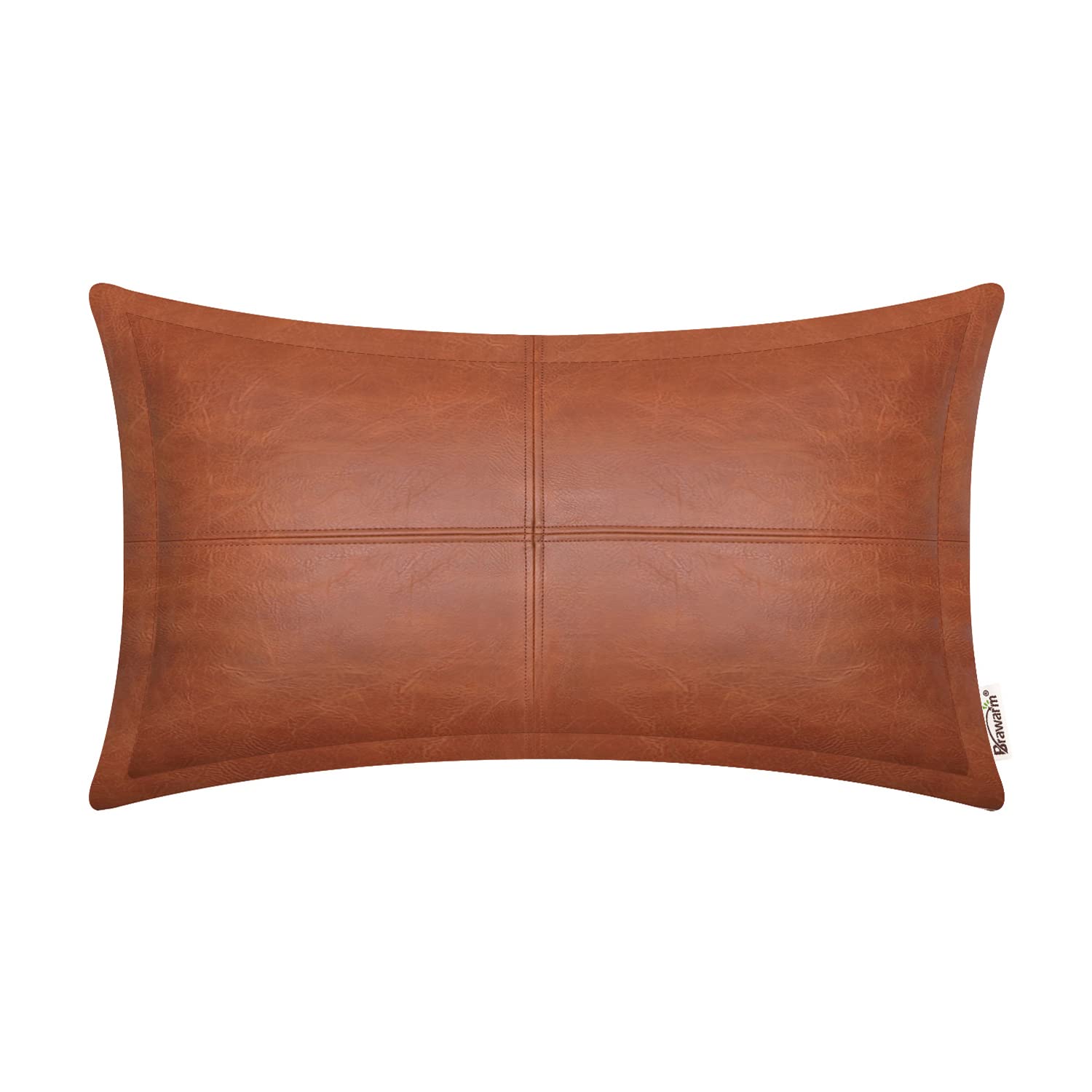 Brawarm Cognac Leather Throw Pillow 12 X 20 Inches, Faux Leather Pillow Cover With Piping, Hand Stitched Leather Decorative Lumb