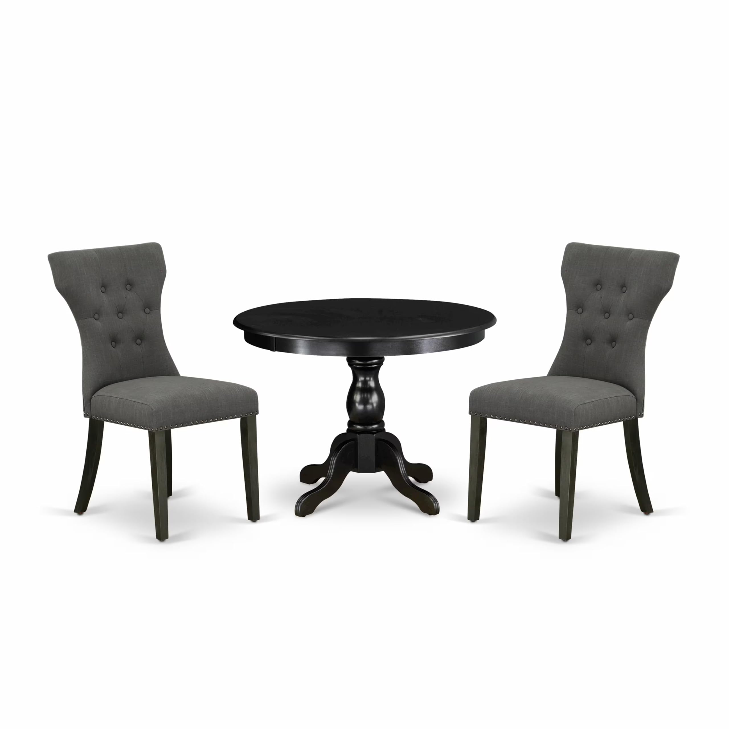 East West Furniture HBGA3-ABK-50 3 Piece Dining Set Contains a Round Dining Room Table with Pedestal and 2 Dark Gotham Linen Fabric Upholstered Parson Chairs, 42x42 Inch, Wirebrushed Black