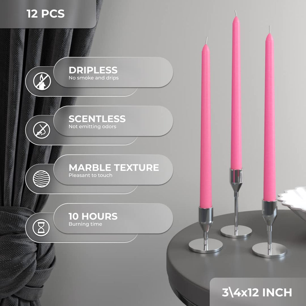 Candwax 12 Inch Taper Candles Set Of 12 - Dripless And Smokeless Candle Unscented - Slow Burning Candle Sticks - Pink Candles