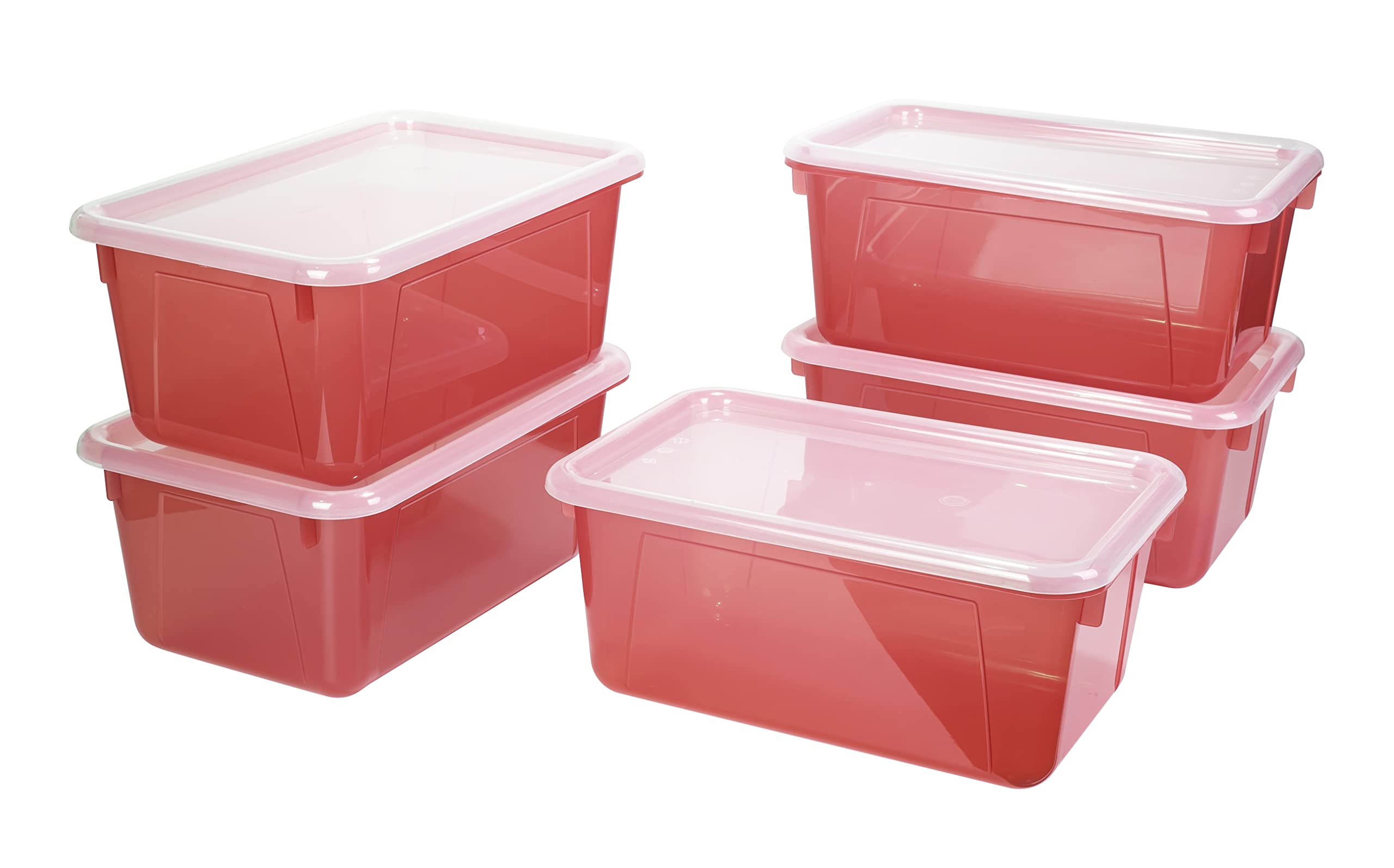 Storex Small Cubby Bins - Plastic Storage Containers For Classroom With Non-Snap Lid, 12.2 X 7.8 X 5.1 Inches, Tint Red, 5-Pack
