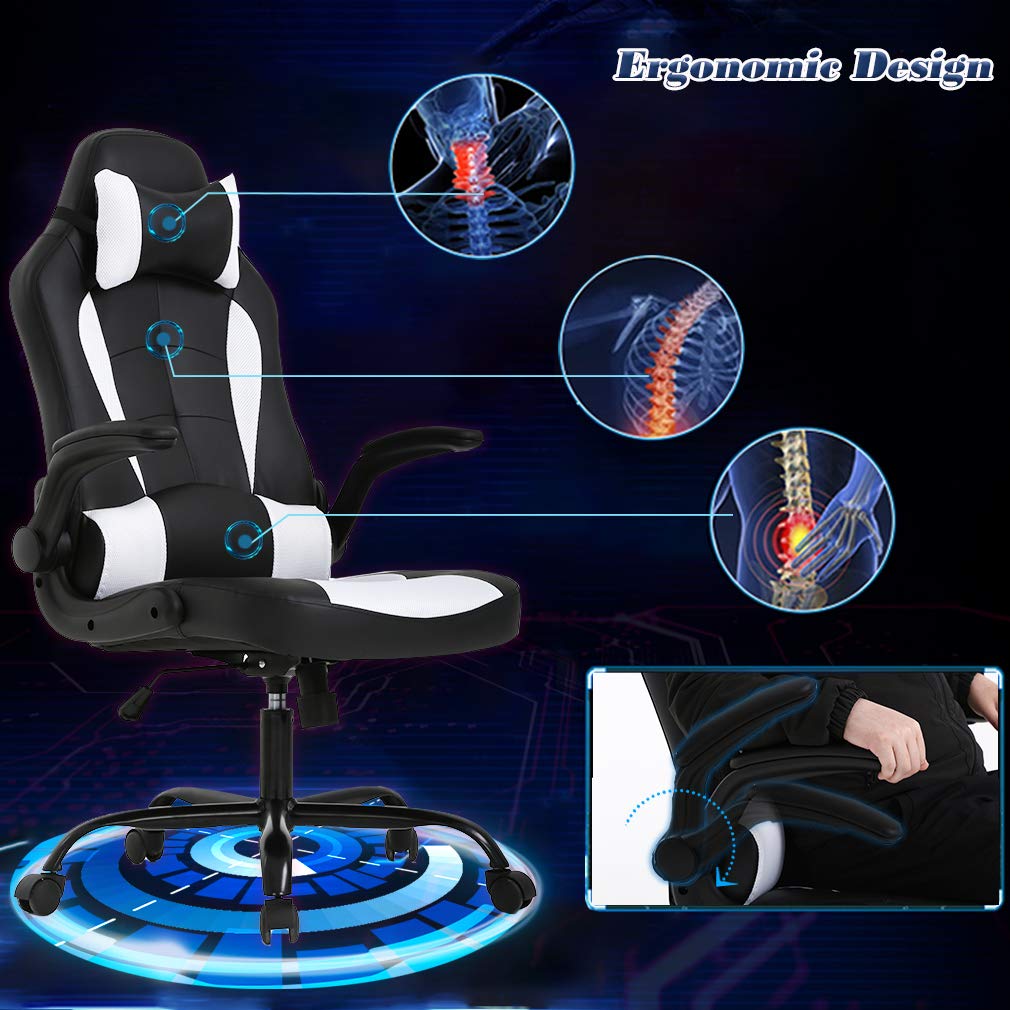 Bestoffice Pc Gaming Chair Ergonomic Office Chair Desk Chair With Lumbar Support Flip Up Arms Headrest Pu Leather Executive High Back Computer Chair For Adults Women Men (White)