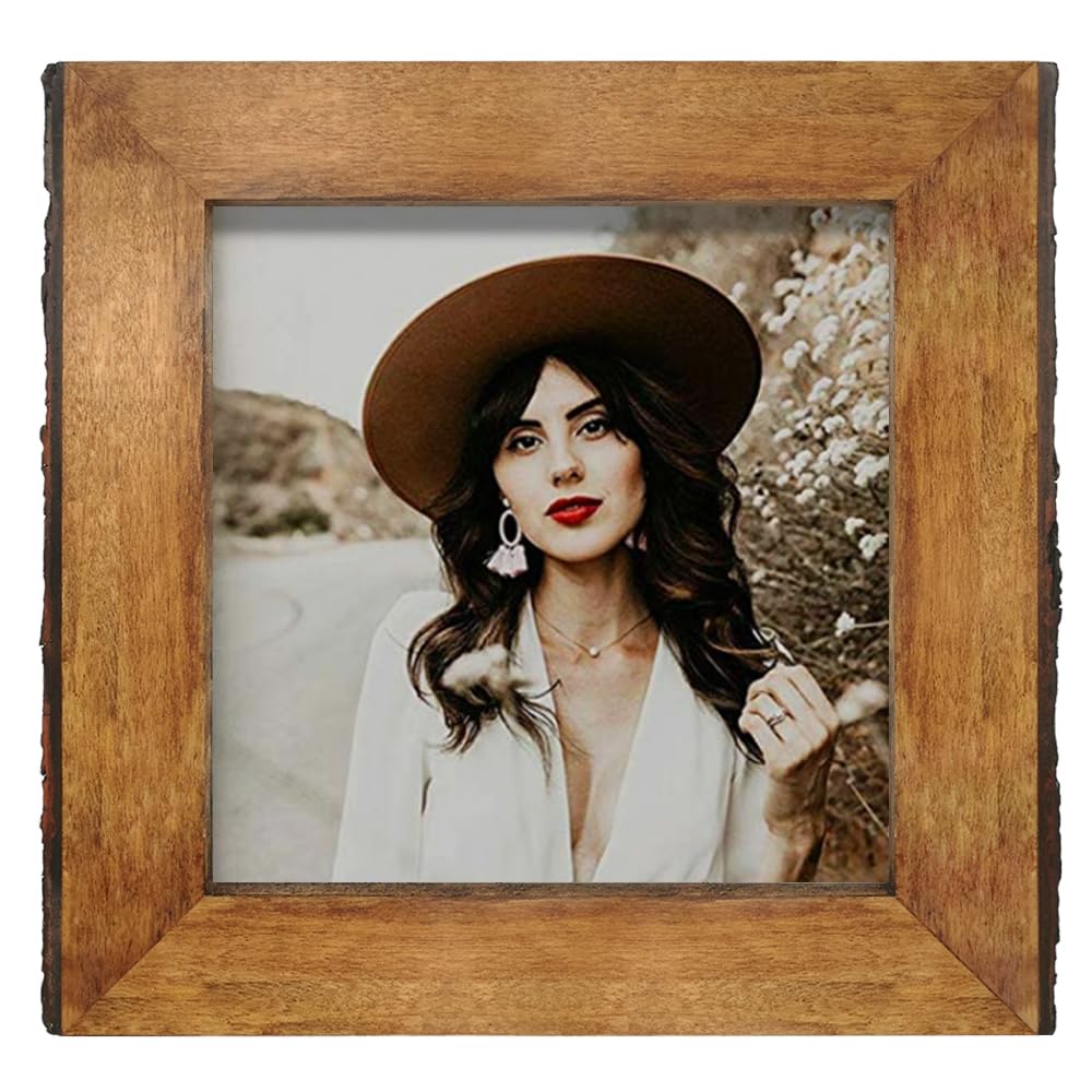 Ikeree 6X6 Rustic Picture Frames With Natural Bark Edges, Brown Wood Photo Frame For Tabletop Or Wall Mounting Display