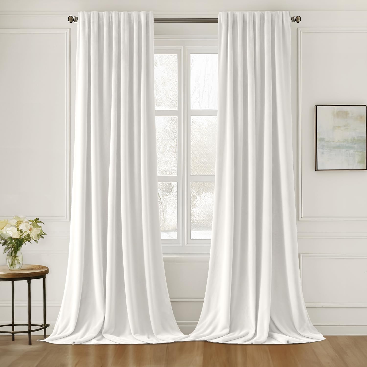 MIULEE White Velvet Curtains 90 inches Long 2 Panels - Luxury Pinch Pleated Room Darkening Window Drapes for Bedroom Living Room