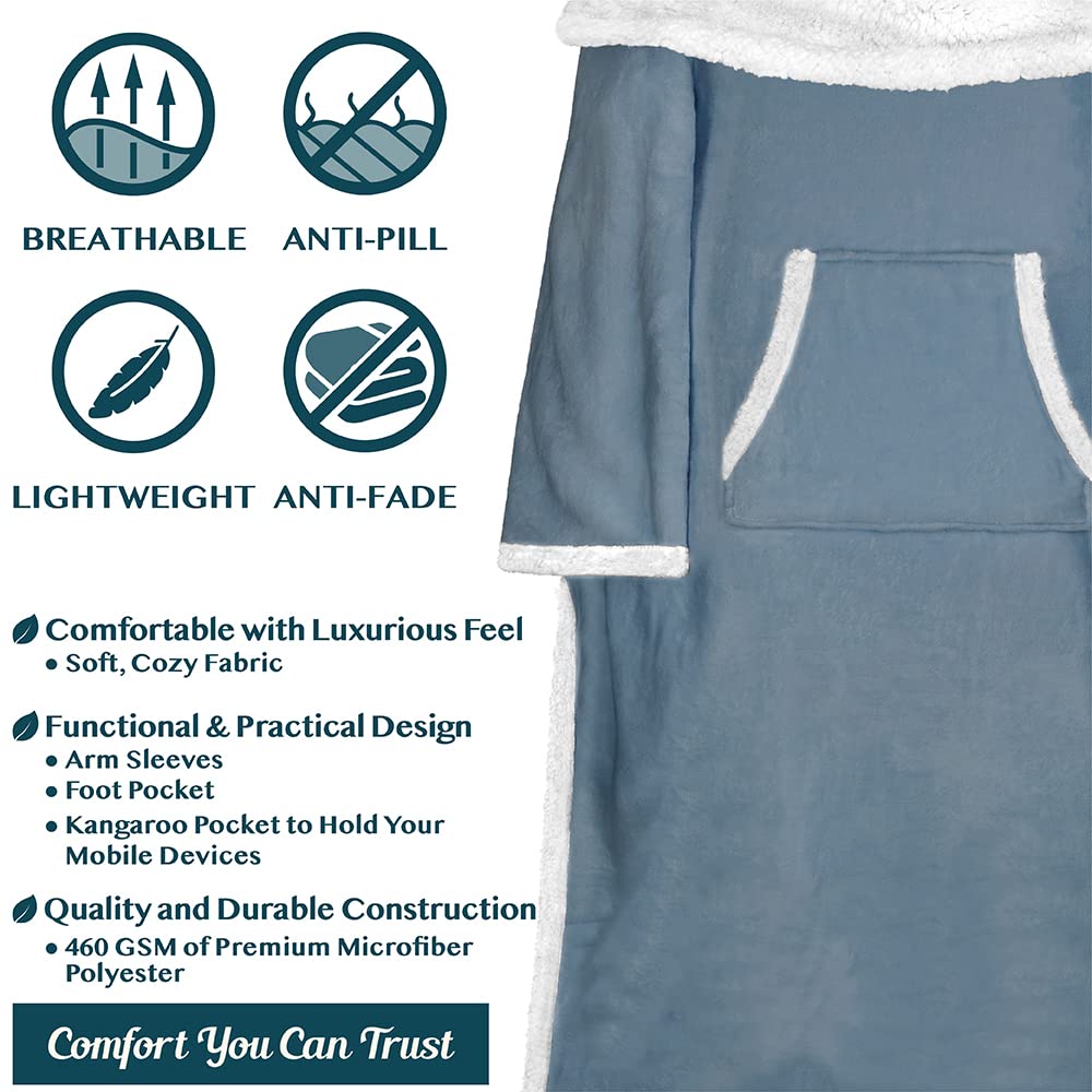 Pavilia Sherpa Blanket With Sleeves And Foot Pocket For Women Men Adults, Fleece Wearable Blanket Sleeved Throw Wrap, Thick Hug