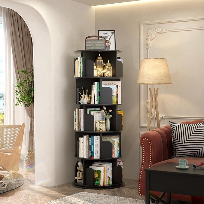 A.M INTERNATIONAL Rotating Book Rack Wooden 5 Tier Floor Standing Bookcase Storage Rack, Revolving Bookcase Corner Bookshelf for