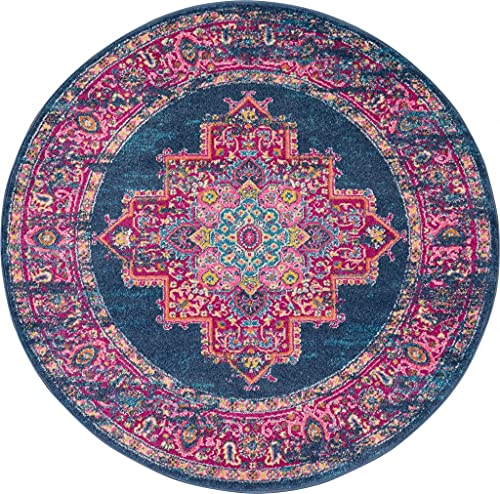 HomeRoots 100% Polypropylene 4’ Round Blue and Pink Medallion Area Rug