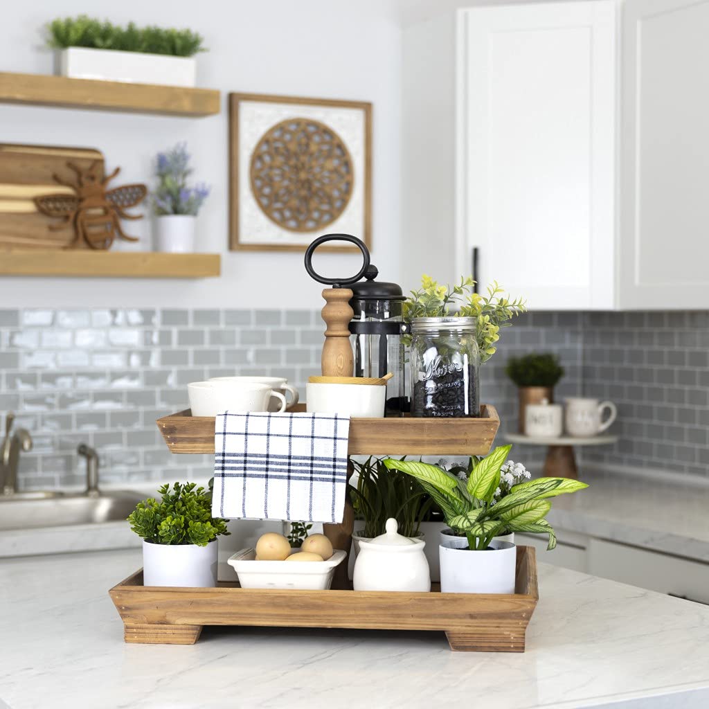 HomeRoots Natural Wood 95% Wood 5% Metal Two Tiered Wooden Serving Stand