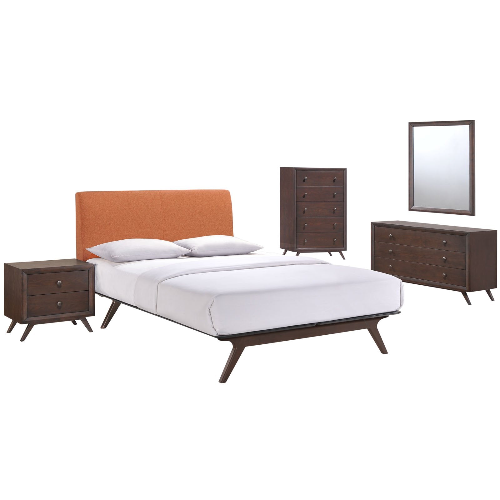 Modway Tracy Mid-Century Modern Wood Platform Queen Size Bed with a Nightstand in Cappuccino Orange