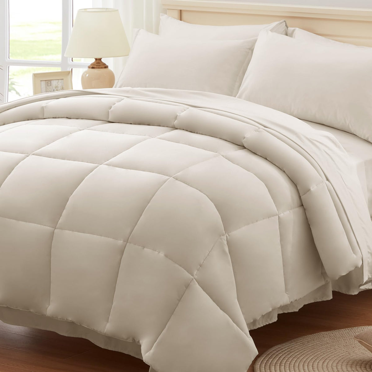 Anluoer Queen Size Bed In A Bag 7 Pieces, Beige Bed Comforter Set With Comforter And Sheets, All Season Bedding Sets With 1 Comf