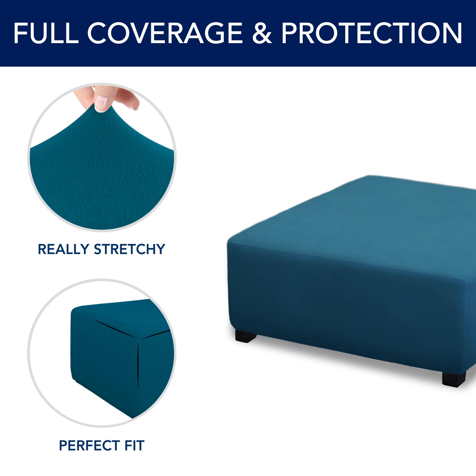 Purefit Super Stretch Form Fit Square Ottoman Cover Rectangle - Ottoman Slipcovers For Foot Stool & Folding Storage Furniture For Living Room With Nonslip Elastic Bottom (Medium-Xl, Peacock Blue)