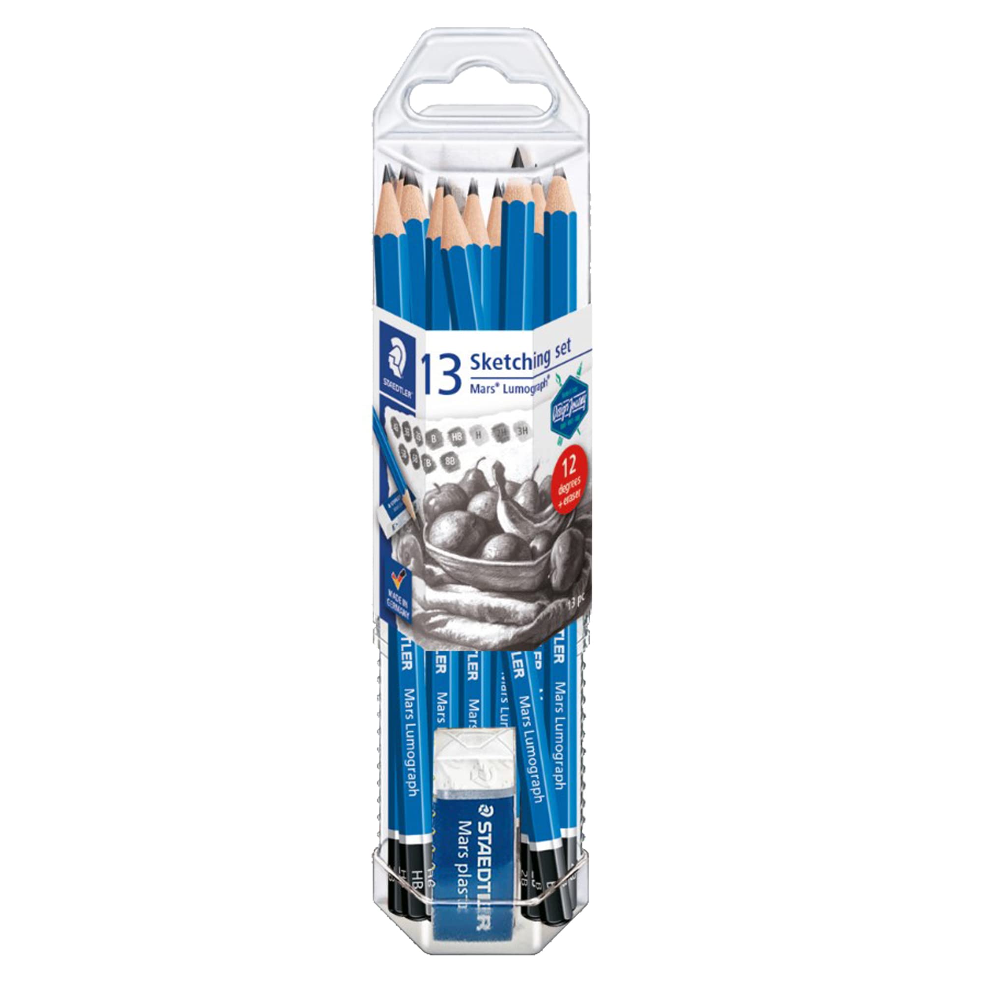 Staedtler Mars Lumograph Graphite Artist Pencil Pack, 12 Degrees (8B, 7B, 6B, 5B, 4B, 3B, 2B, B, Hb, F, H, 2H), Mars Plastic Era