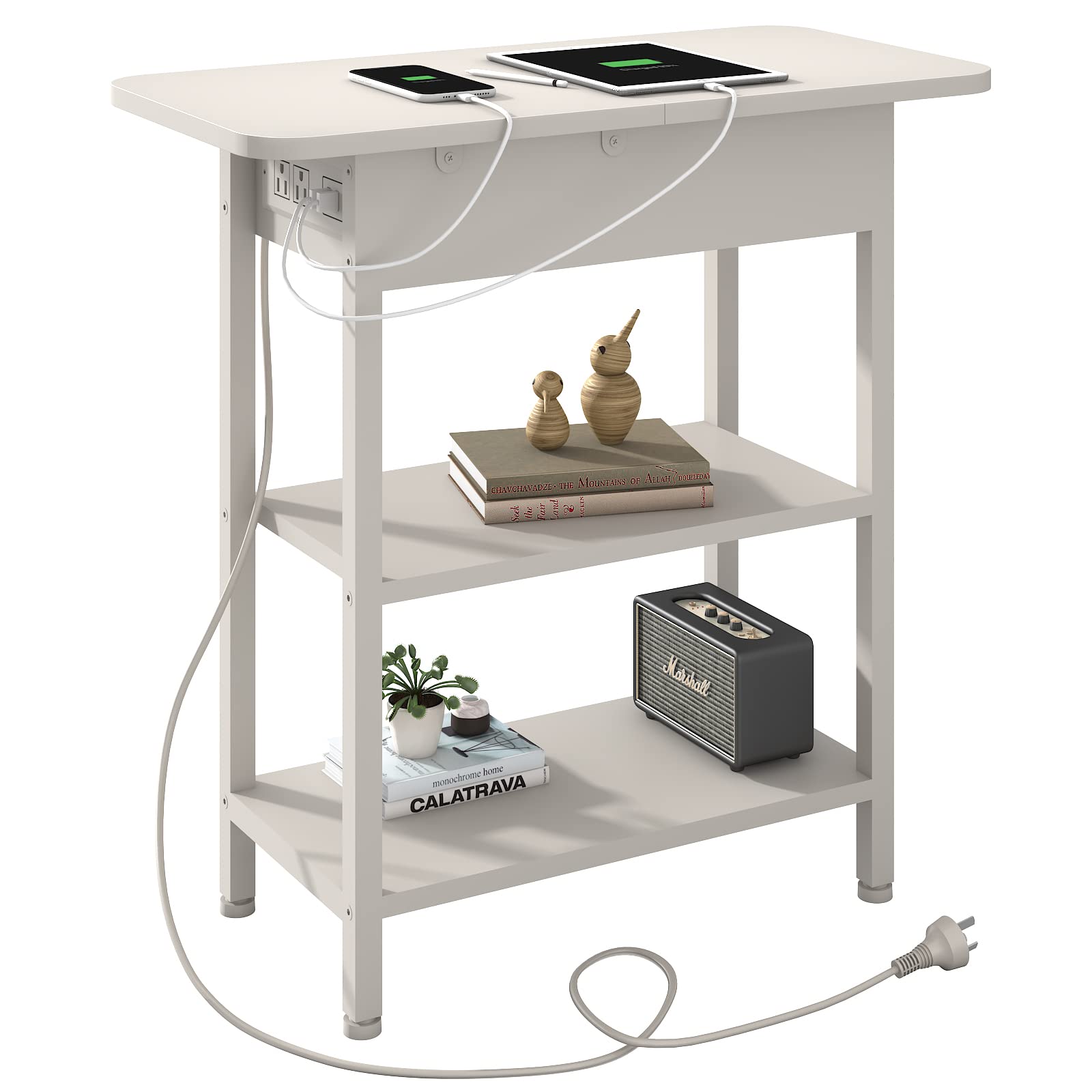 Lidyuk End Table With Charging Station, Flip Top Side Table With Usb Ports And Outlets, Nightstand For Small Spaces, Bedside Tables With Storage Shelf For Living Room, Bedroom, White