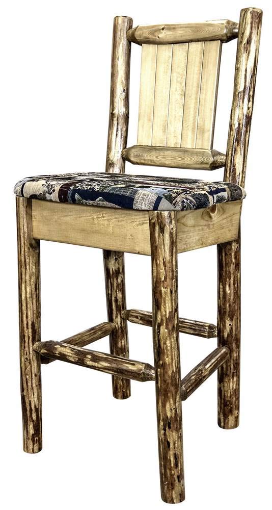 Montana Woodworks Glacier Country Collection Counter Height Barstool with Upholstered Seat, Woodland Pattern, Laser Engraved Bronc Design, Stained & Lacquered