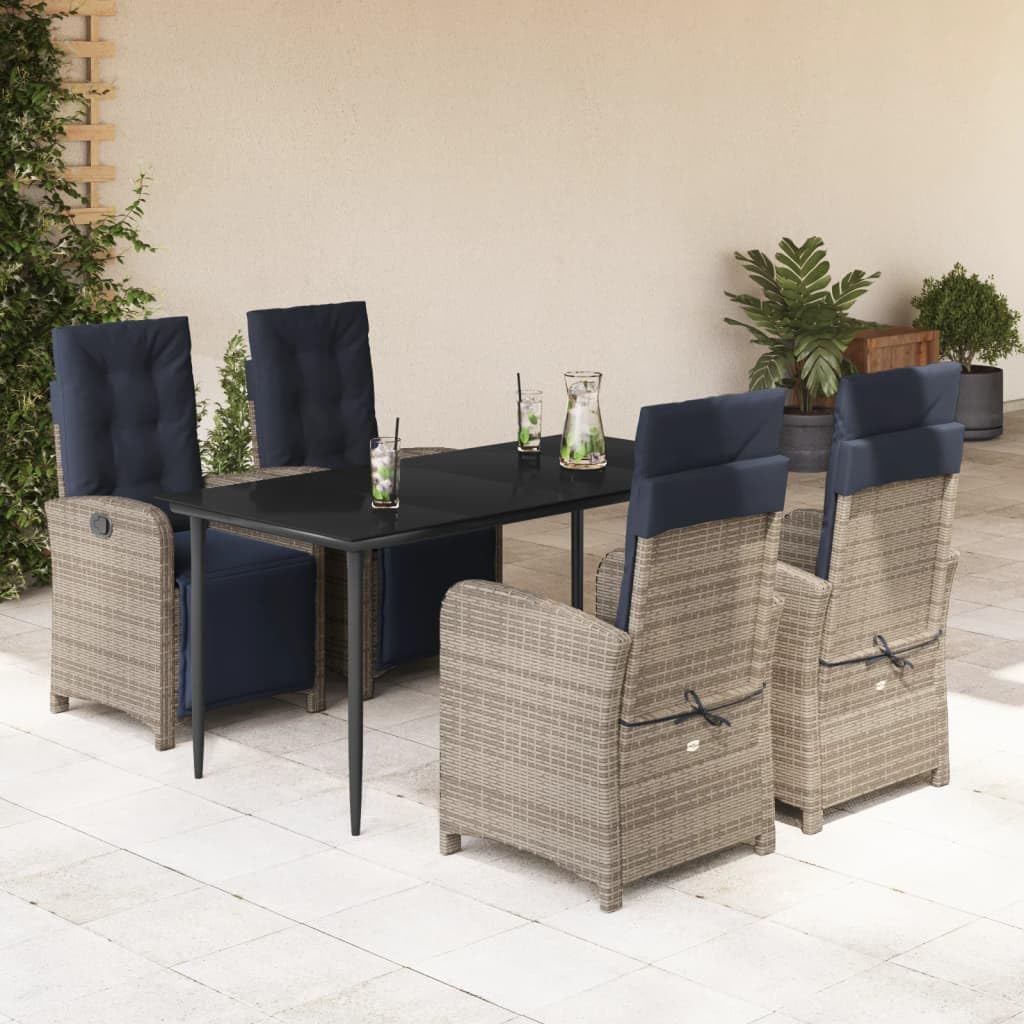 vidaXL 5-Piece Patio Dining Set - Gray Poly Rattan with Navy Cushions, Adjustable Backrest, Tempered Glass Table