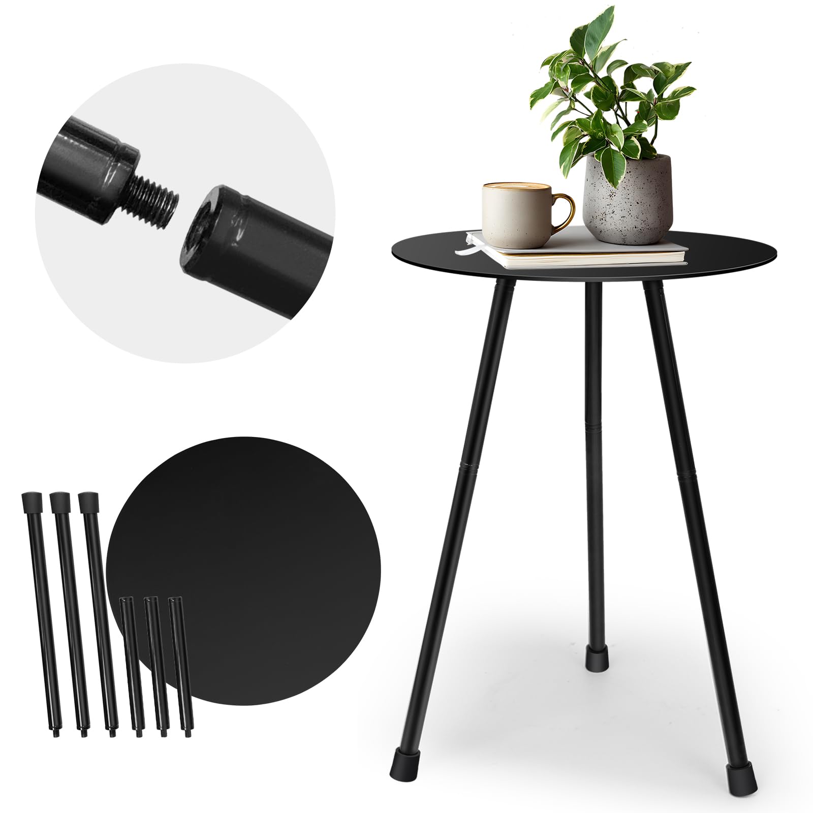 Metal Outdoor Side Table, Adjustable Height Round Side Table Weather-Resistant, Black Bistro Camping Tent Beach Table, End Table