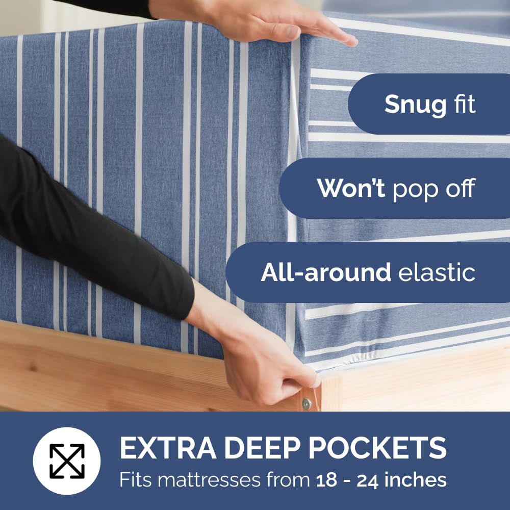 Extra Deep Pocket King Sheets - 4 Piece Breathable & Cooling Bed Sheets - Hotel Luxury Bed Sheet Set - Soft, Wrinkle Free & Comfy - Easily Fits Extra Deep Mattresses - Deep Pocket Blue Striped Sheets