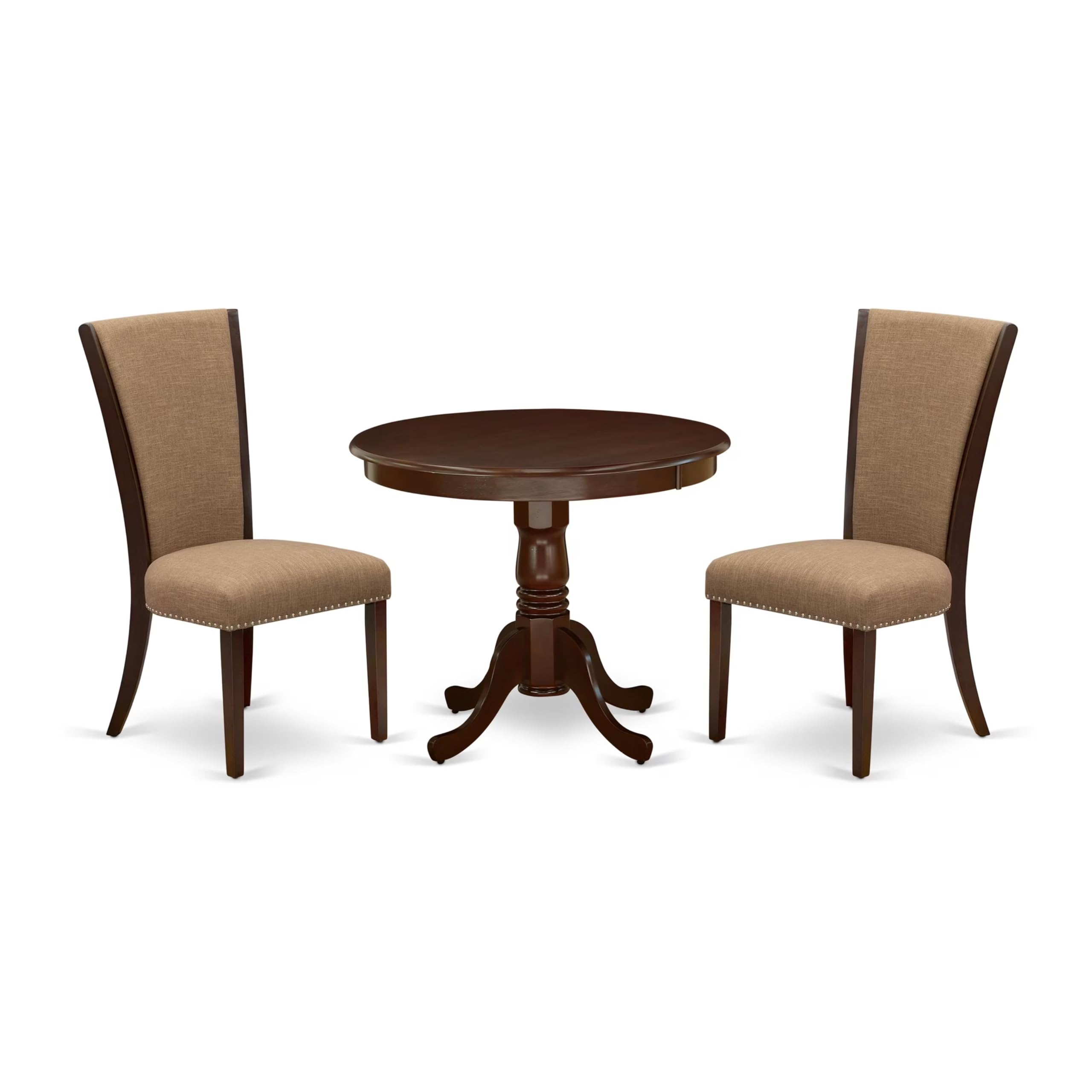 East West Furniture Anve3-Mah-47 3 Piece Dining Table Set For Small Spaces Contains A Round Kitchen Table With Pedestal And 2 Light Sable Linen Fabric Parson Chairs, 36X36 Inch, Linen White