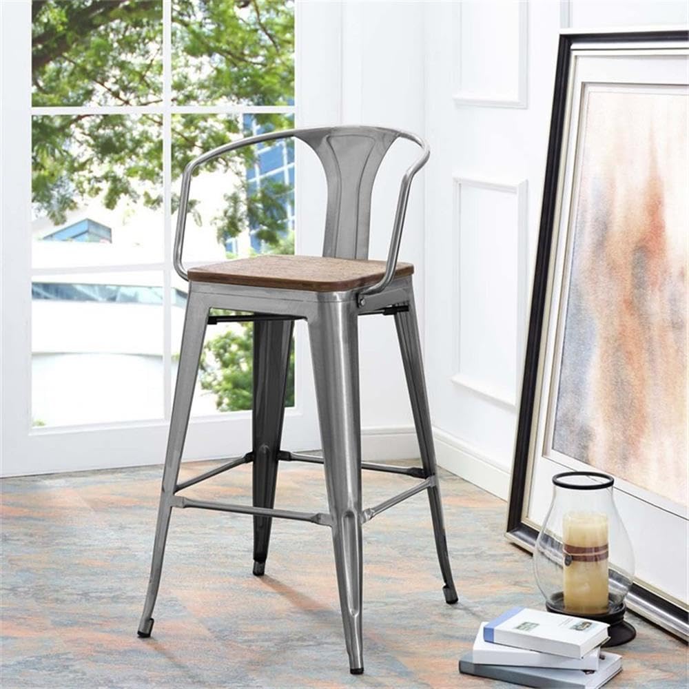 Modway Promenade Industrial Modern Steel Bistro Bar Stool With Arms And Bamboo Seat In Gunmetal