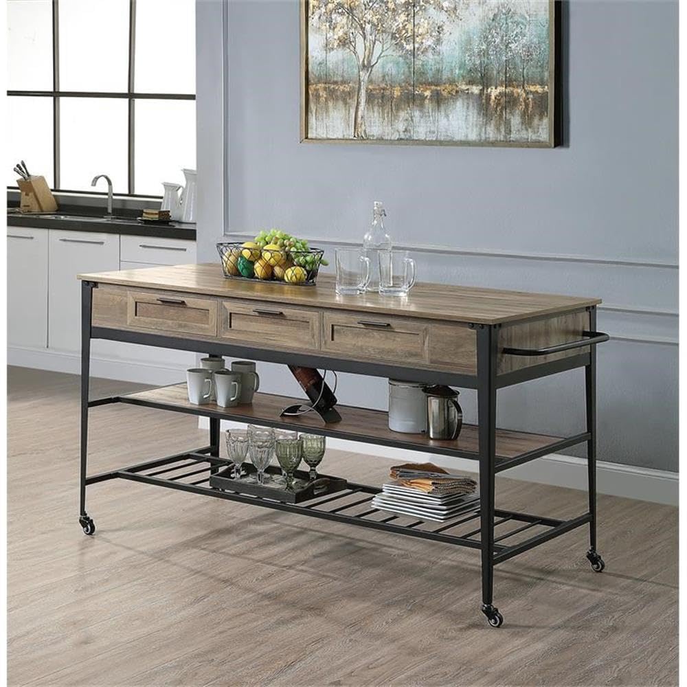 Acme Macaria Wooden Kitchen Island with 3 Drawers in Rustic Oak and Black