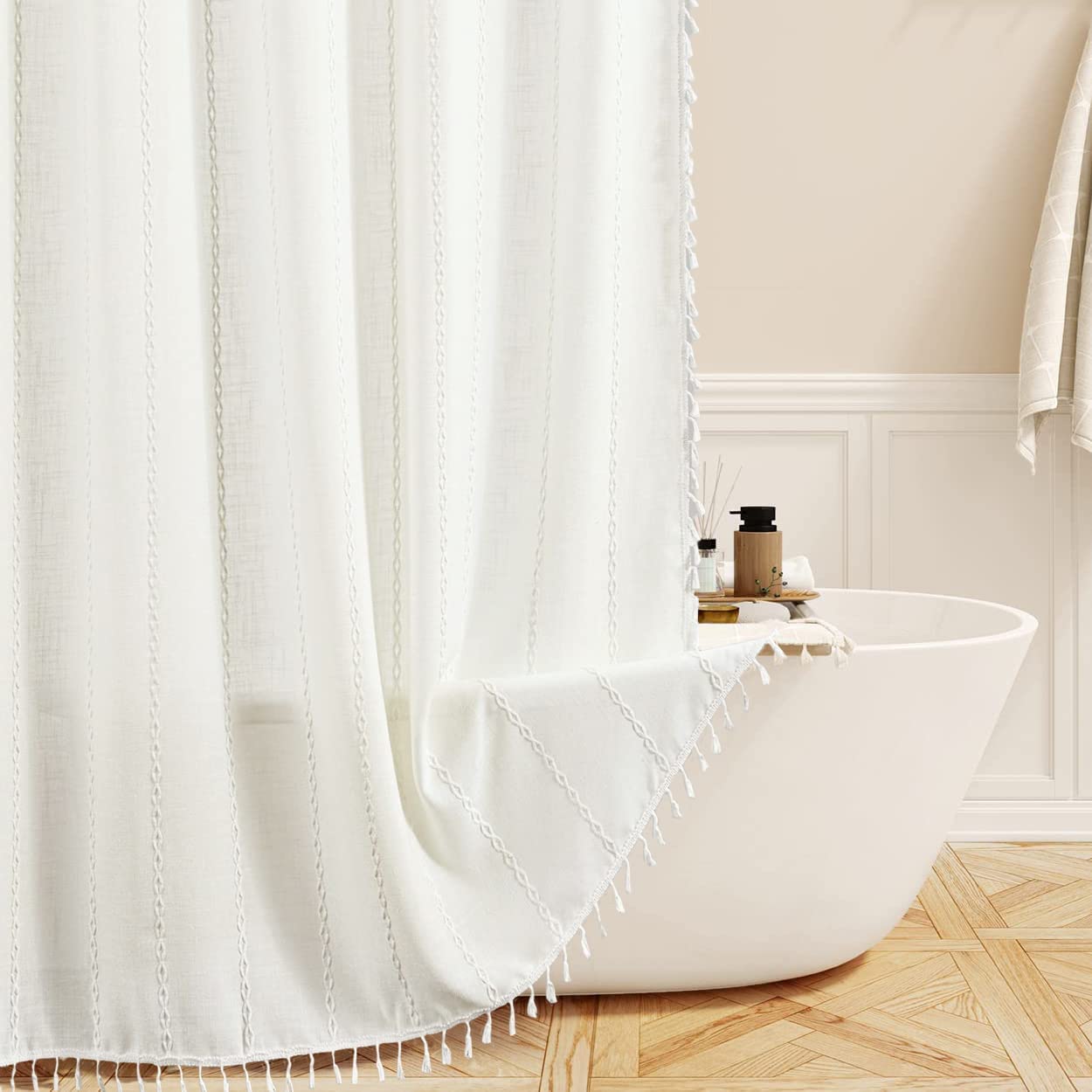 Colorigan Boho Farmhouse Shower Curtain - Linen Rustic Heavy Duty Fabric Shower Curtain Set With Tassel, Water Repellent Cloth,