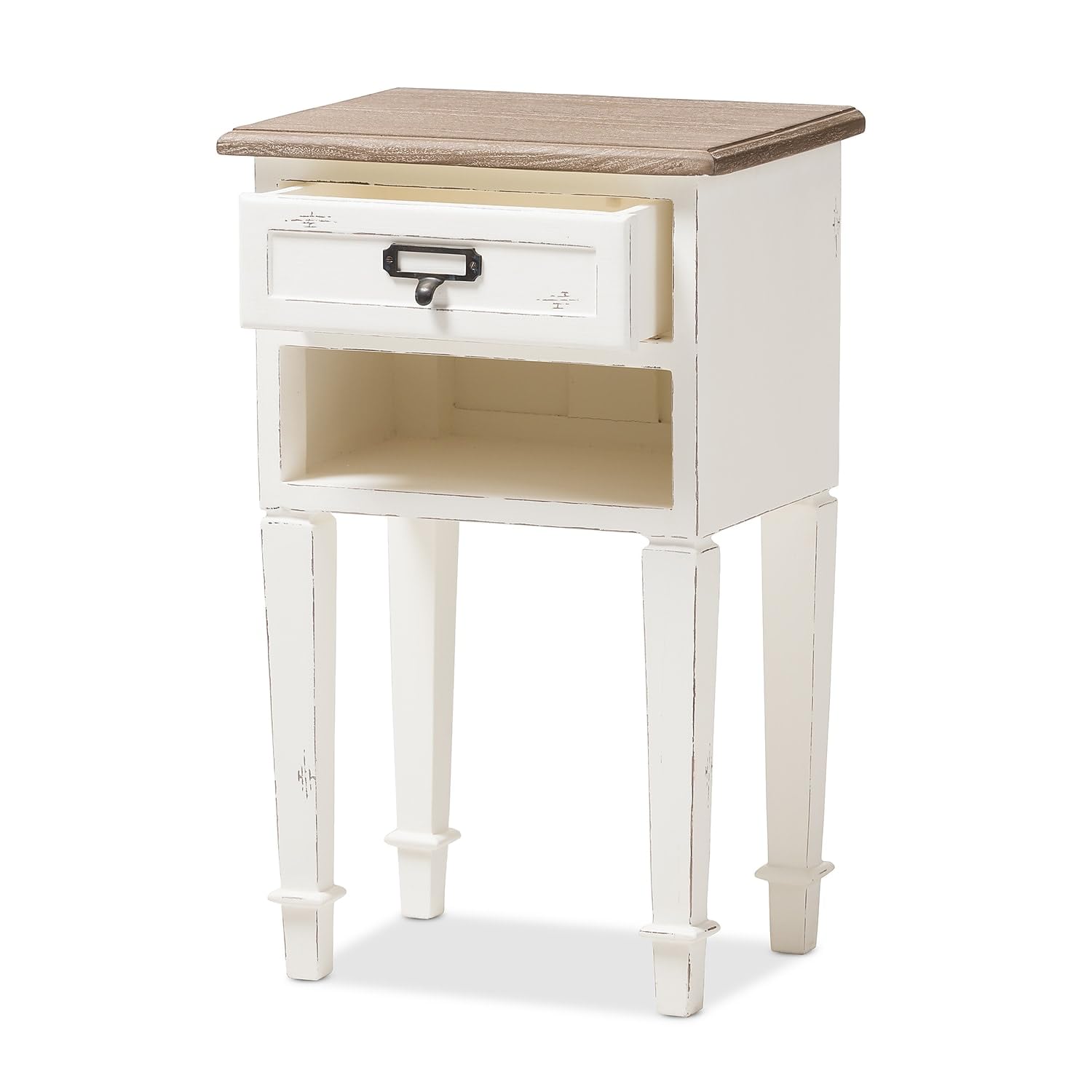 Baxton Studio Dauphine Provincial Style Weathered Oak and White Wash Distressed Finish Wood Nightstand/White/Natural/Provincial Style/MDF/Veneer Mindi/Hardwood Bayur