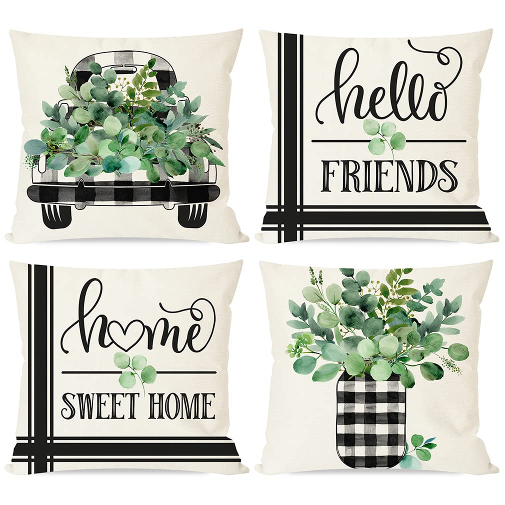 Pandicorn Spring Summer Pillow Covers 18X18 Set Of 4, Green Eucalyptus Leaves Black Buffalo Plaid Check Truck Throw Pillows Case