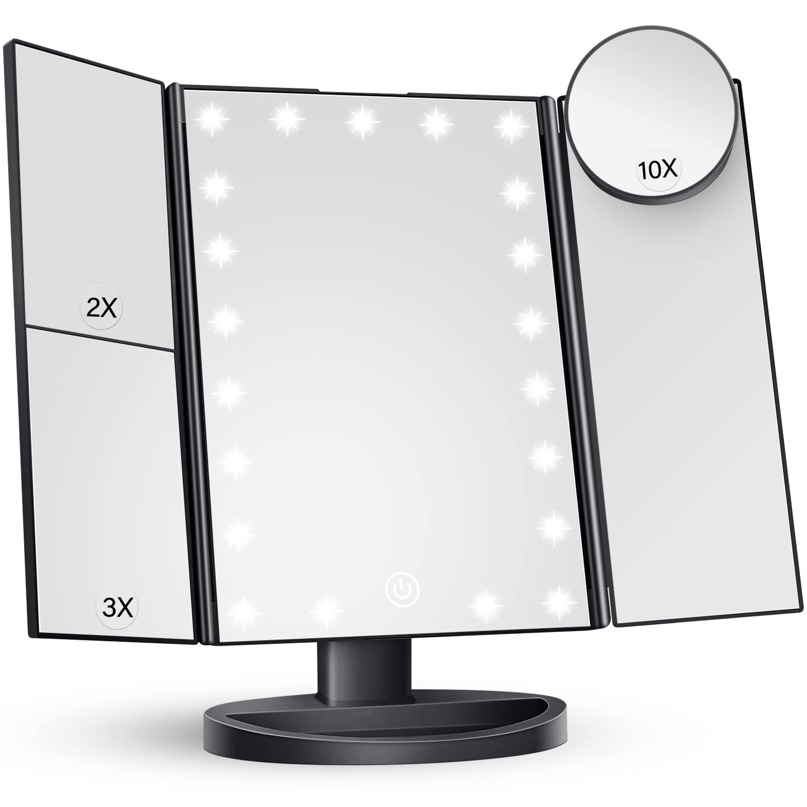HUONUL Makeup Mirror Vanity with Lights, 2X 3X 10X Magnification, Lighted Mirror, Touch Control, Trifold Dual Power Supply, Port