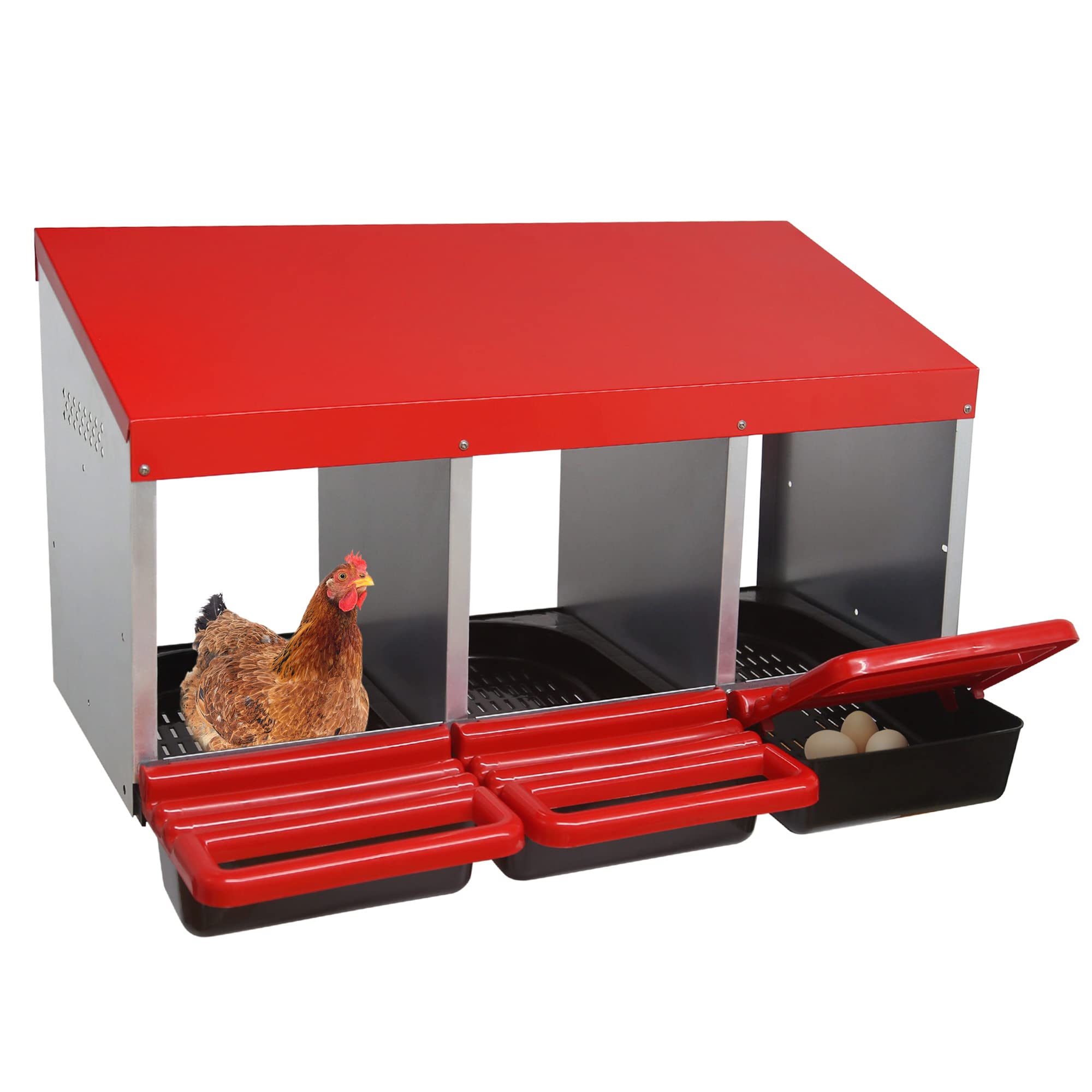 Zenxyhoc Chicken Nesting Boxes, 3 Hole Metal Chicken Egg Laying Box With Swing Perch And Rollout Egg Collection For Chicken Coop