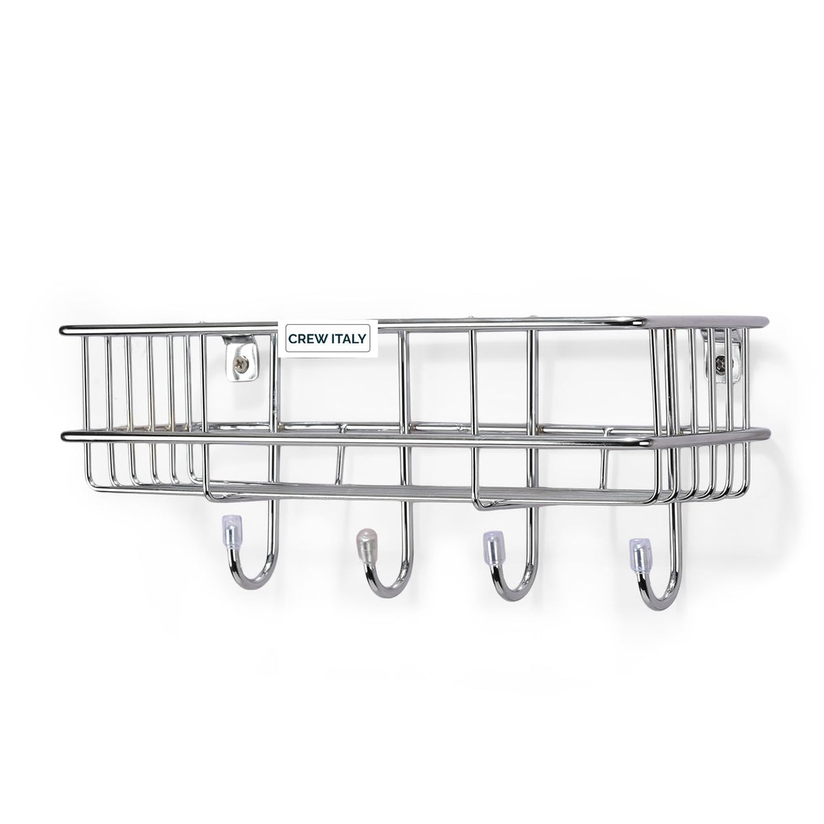 Crew Italy Stainless Steel Wall Mounted Shelf with 4 Hooks | Multipurpose Organizer Kitchen Storage Rack Shelves for Kitchen, Ba