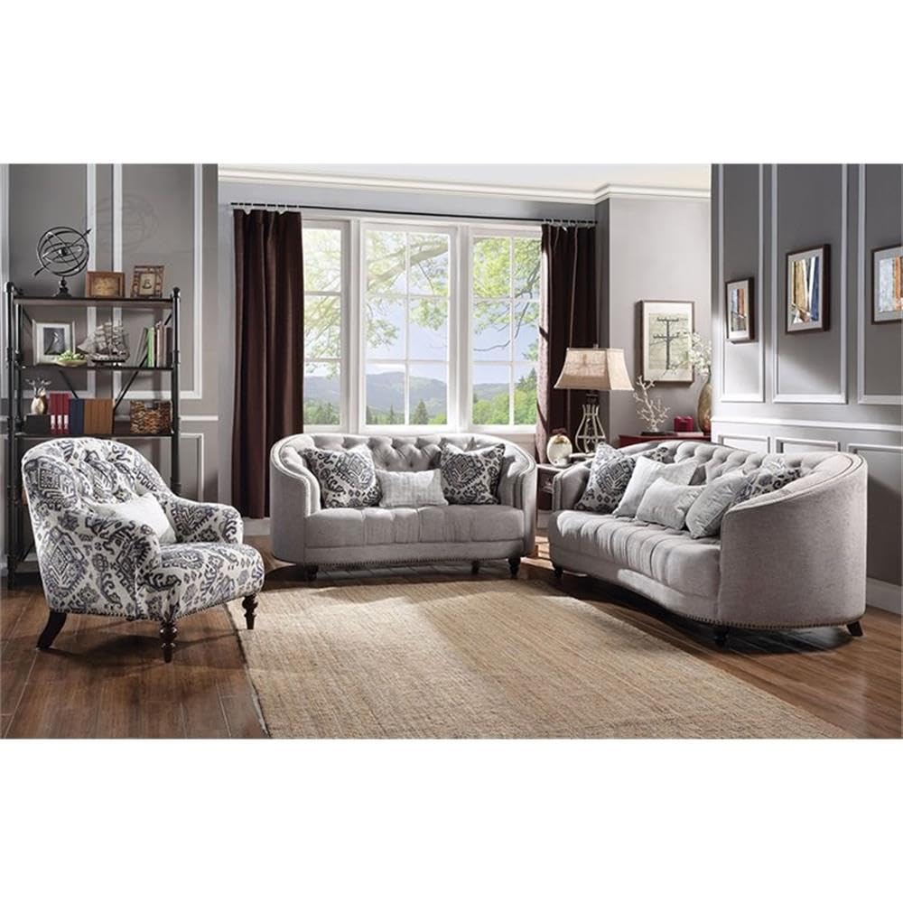 Acme Saira Tufted Accent Chair with 1 Pillow in Light Gray and Blue Fabric