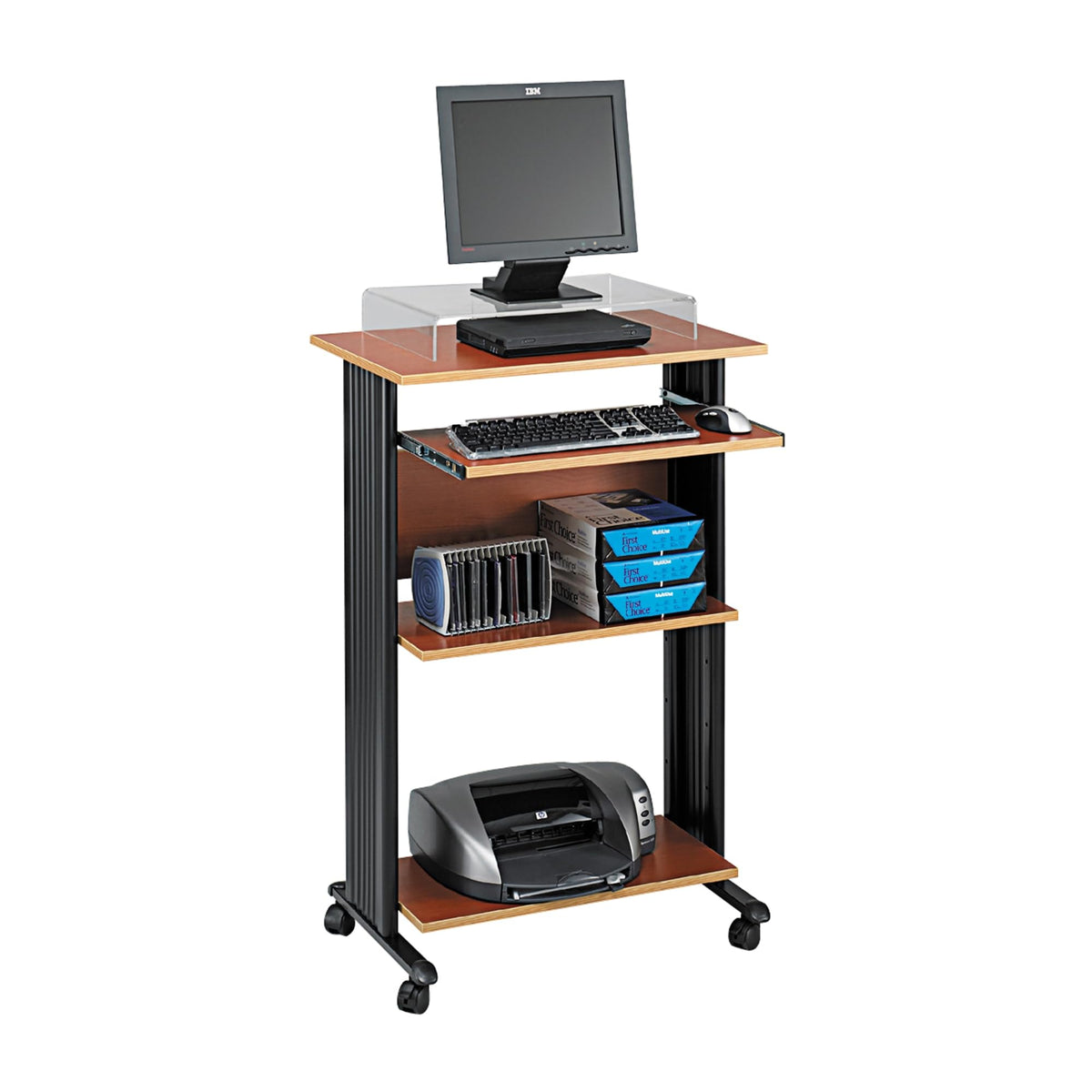 Safco MUV Mobile Stand-Up Desk - Mobile Desk with Keyboard Tray & Printer or Desktop Shelf - 2 Adjustable Shelves - 22&quot; D x 29.5&quot; W x 45&quot; H - Cherry