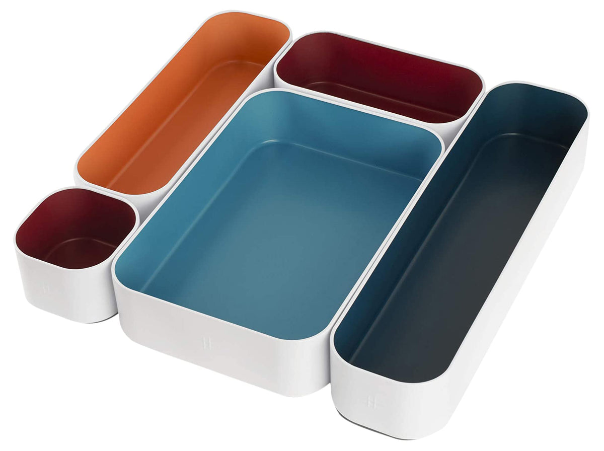 Three by Three Seattle 5 Piece Metal Organizer Tray Set for Storing Makeup, Stationery, Utensils, and More in Office Desk, Kitch