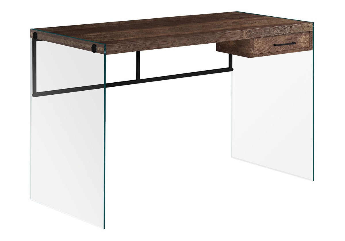 Monarch Specialties Computer Desk - Contemporary Writing Desk with Drawer - Tempered Glass Legs - 48'L (Brown Reclaimed Wood Look)