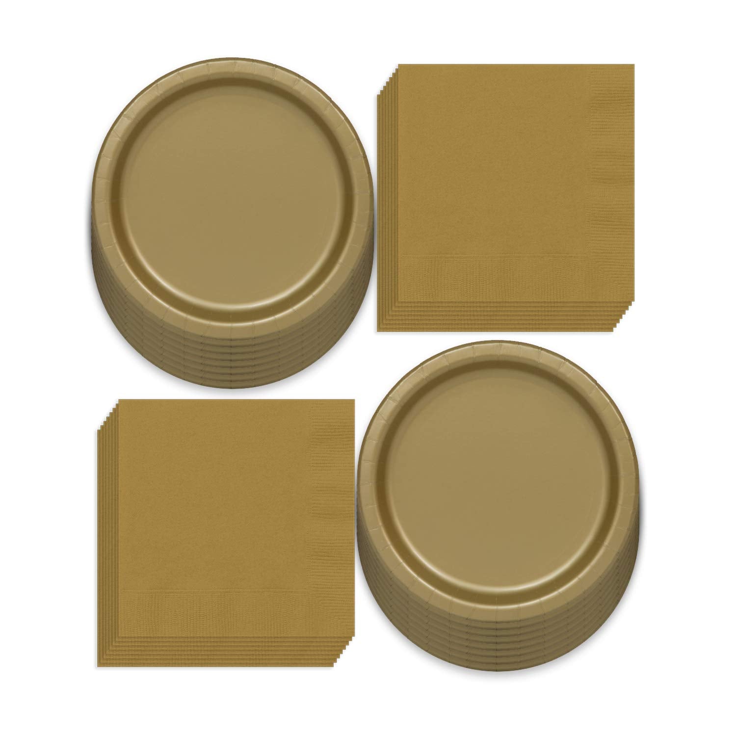 Solid Gold Colored Paper Dinner Plates and Luncheon Napkins, Gold Party Supplies and Table Decorations (Serves 16)