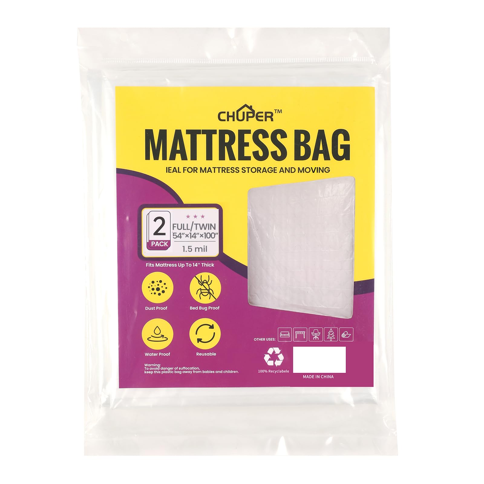 Chuper 2 Pack Full/Twin Xl/Twin Mattress Bags For Moving, Waterproof Plastic Mattress Cover For Moving Supplies Mattress Bag For