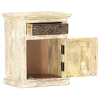 vidaXL Solid Mango Wood Bedside Cabinet with Door and Drawer – Vintage Style White Bedroom Nightstand offering Ample Storage Space with Classic Carved Pattern Design - Assembled