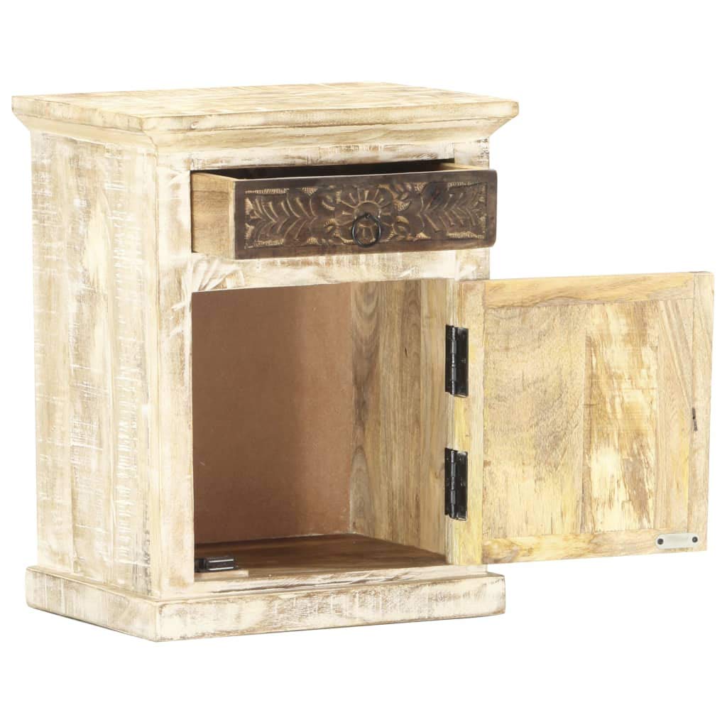 vidaXL Solid Mango Wood Bedside Cabinet with Door and Drawer – Vintage Style White Bedroom Nightstand offering Ample Storage Space with Classic Carved Pattern Design - Assembled