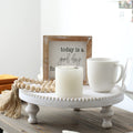 SwallowLiving Rustic White Round Wood Tray Riser Farmhouse Pedestal Stand with Beaded Edge for Decor Whitewash Finish Wooden Cup