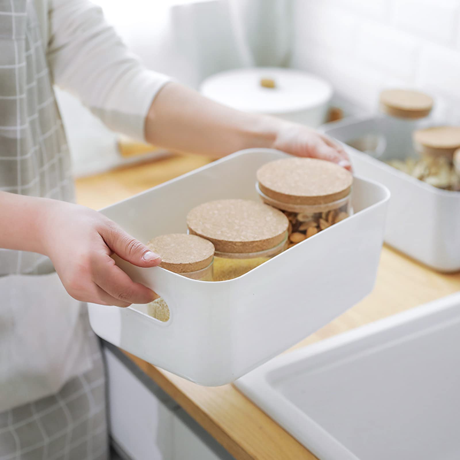 Feoowv Small Plastic Storage Baskets, 8 Pack, White, Portable, Stackable, Multipurpose, Bpa Free, Ideal For Pantry, Fridge, Clos