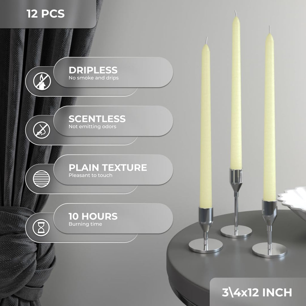 Candwax Ivory Taper Candles 12 Inch Dripless - Set Of 12 Tapered Candles Ideal As Dinner Candles - Smokeless And Unscented Taper