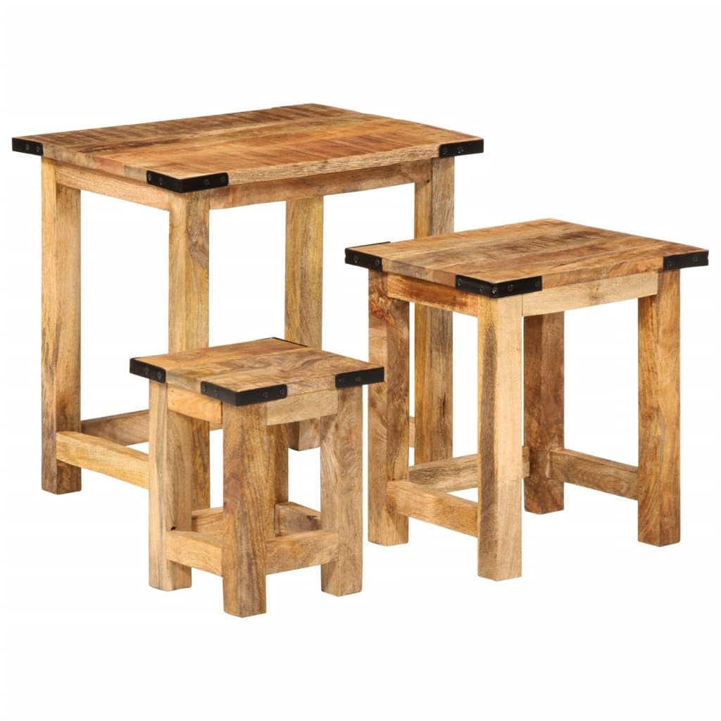 vidaXL Nesting Side Tables 3 pcs - Rough Solid Mango Wood, Industrial Style Furniture, Space-Saving, Versatile Use - Living Room, Bedroom, Office