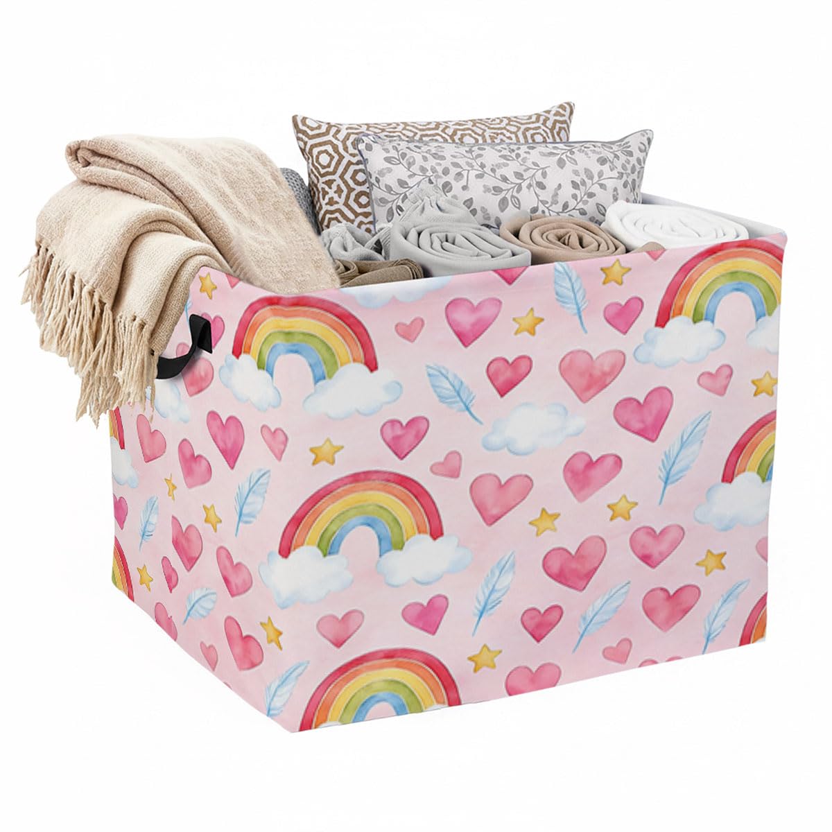 Rainbow Heart Laundry Hamper 56L Large Laundry Basket with Handles, Foldable Clothes Hamper for Bedroom Bathroom, Decorative Toy