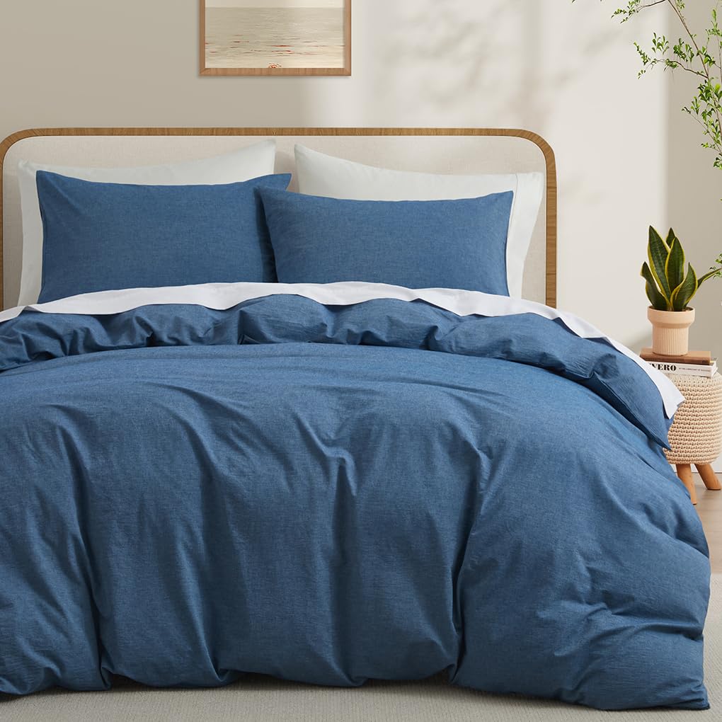 Lovque Blue Duvet Cover Full Size, 100% Washed Cotton Linen Like Bedding Set With Zipper Closure (No Comforter), 80X90 Inches