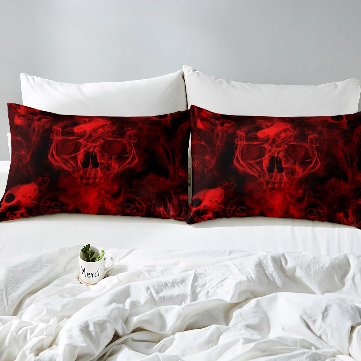 Gothic Skull Bed Sheets Red And Black Skeleton Sheet Set Twin For Boys Teens Men Women,Psychedelic Goth Skull Bedding Set Trippy