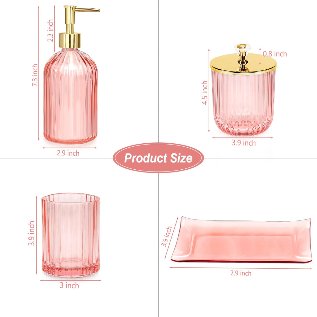 Jenseits Pink Bathroom Accessories Set, 4 Pcs Glass Bathroom Accessory Sets, Soap Dispenser, Toothbrush Holder, Qtip Holder, Van