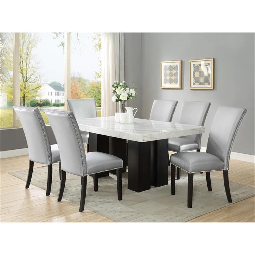 Camila Marble Top Rectanglular 7 Piece Dining Set in Silver